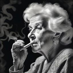 This is a black and white pencil drawing of a confident, powerful old woman smoking