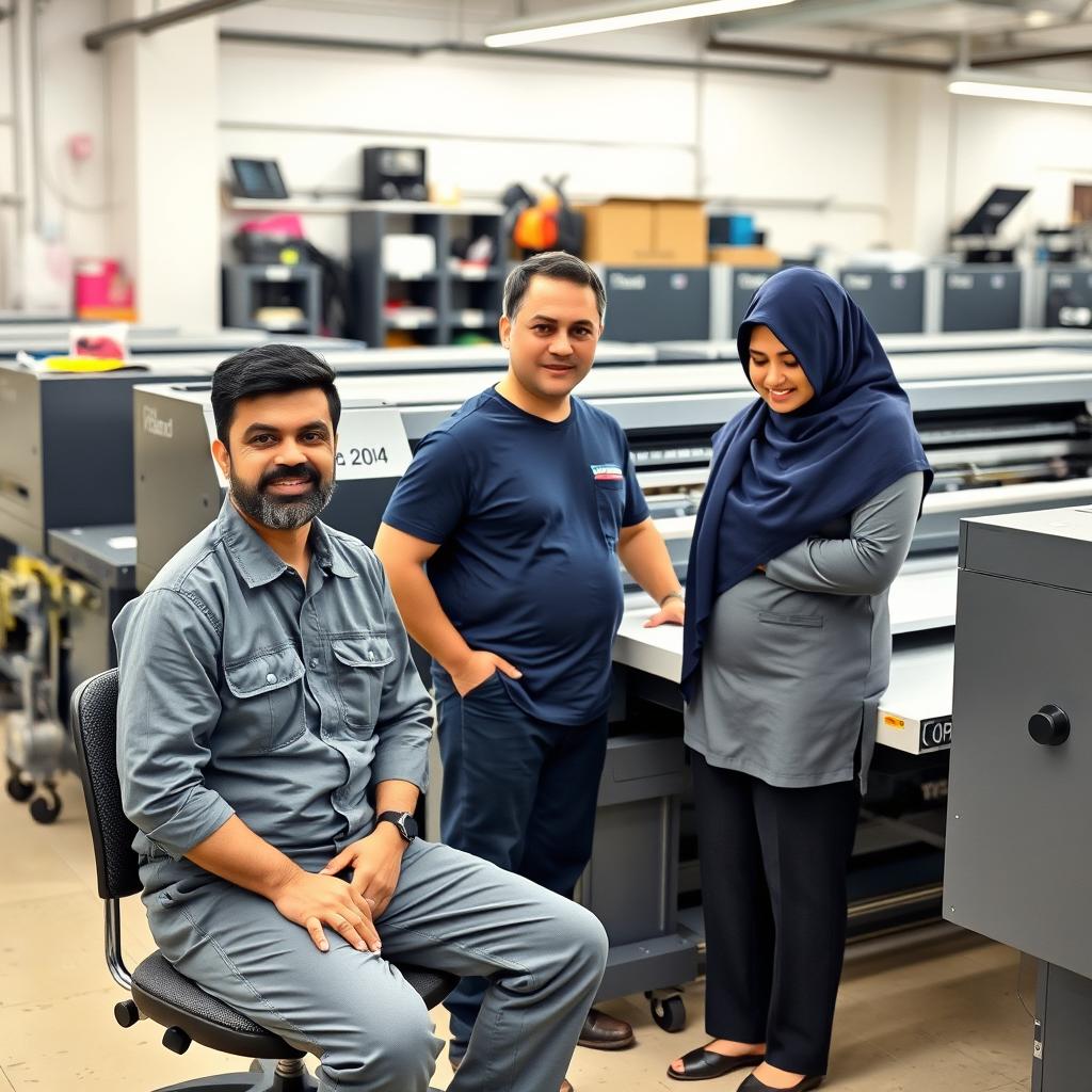 In a printing shop, three individuals are engaged in their work