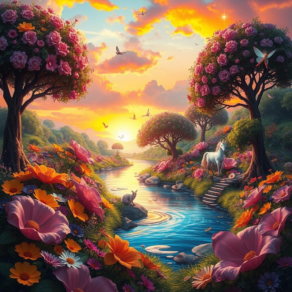 Inside the world of whimsical dreams, a vibrant landscape brimming with colorful oversized flowers and lush, fantastical trees