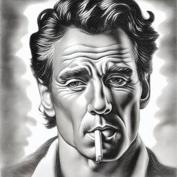 A black and white pencil drawing artfully depicts a handsome man engaged in the act of smoking