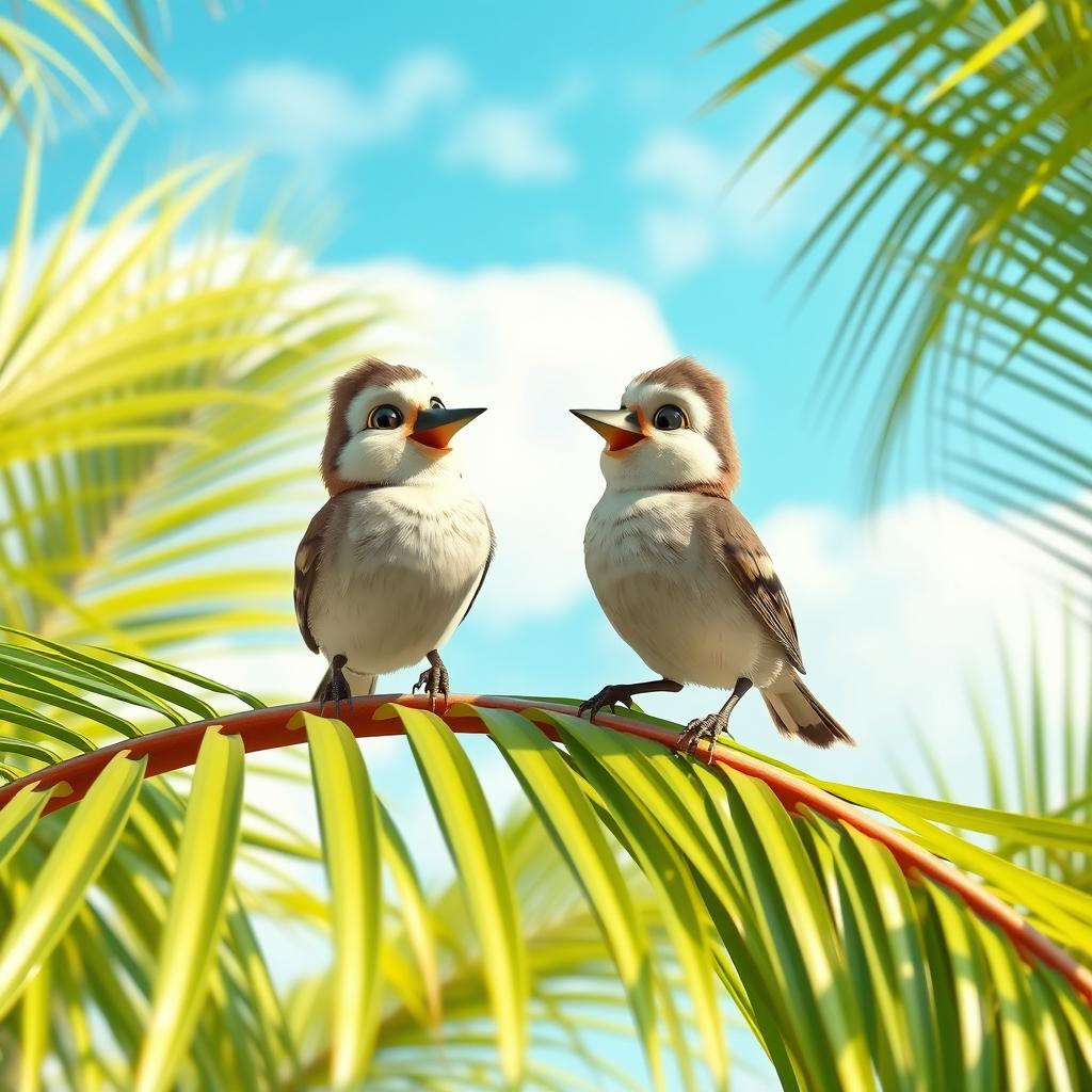A 3D scene featuring two happy sparrows perched on a lush, green palm tree, engaged in a lively conversation