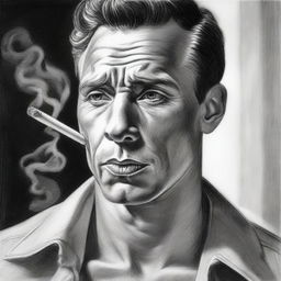 A black and white pencil drawing artfully depicts a handsome man engaged in the act of smoking