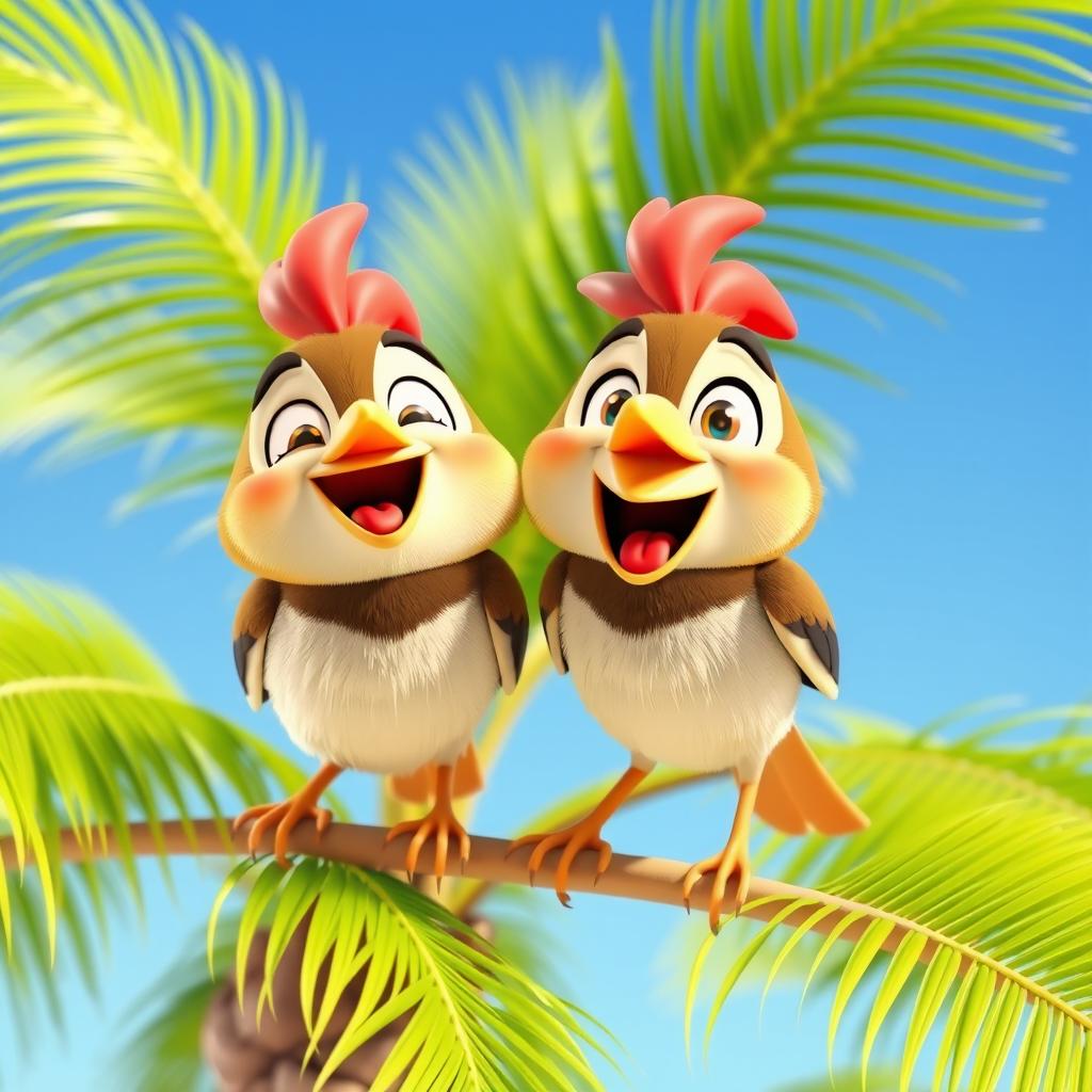 A 3D cartoon-style scene featuring two happy cartoon sparrows with open beaks and smiling faces, perched on a vibrant palm tree