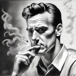 A black and white pencil drawing artfully depicts a handsome man engaged in the act of smoking