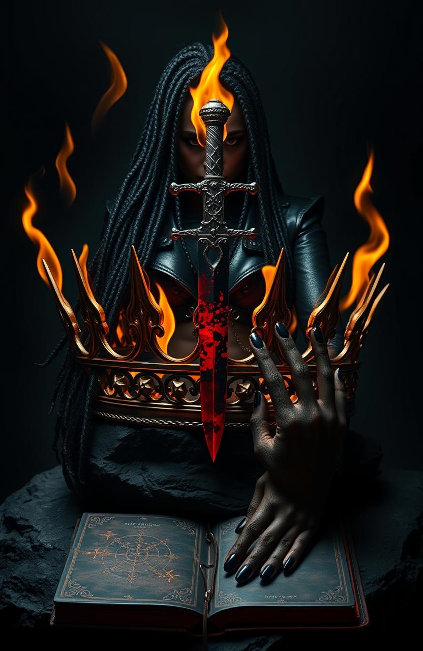 A striking image featuring a cool, badass crown engulfed in flames, prominently displayed on a black rock