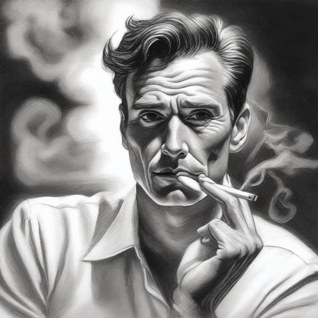 A black and white pencil drawing artfully depicts a handsome man engaged in the act of smoking