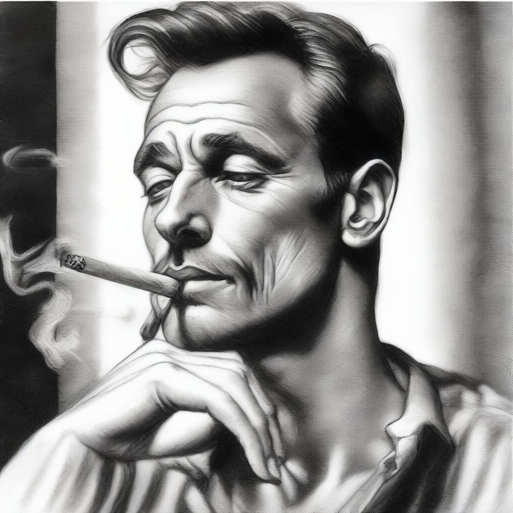 A black and white pencil drawing, capturing a handsome man smoking