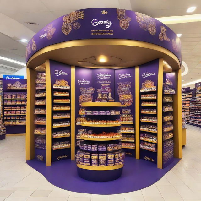 An elegantly adorned Cadbury chocolate stand at a supermarket with Ramadan-inspired motifs. This curvy, Islamic-shaped stand showcases shelves of delectable treats bathed in warm light and adorned with Ramadan lanterns, setting up a festive atmosphere.