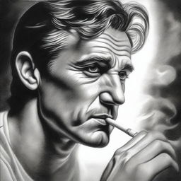 A black and white pencil drawing, capturing a handsome man smoking