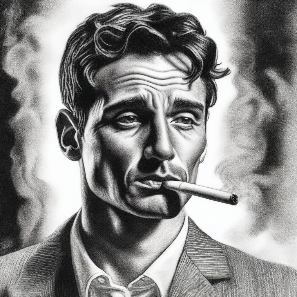 A black and white pencil drawing, capturing a handsome man smoking