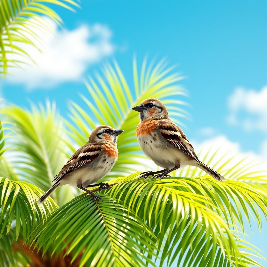 Three-dimensional scene featuring two sparrows, one small and one larger, perched on a palm tree, facing each other
