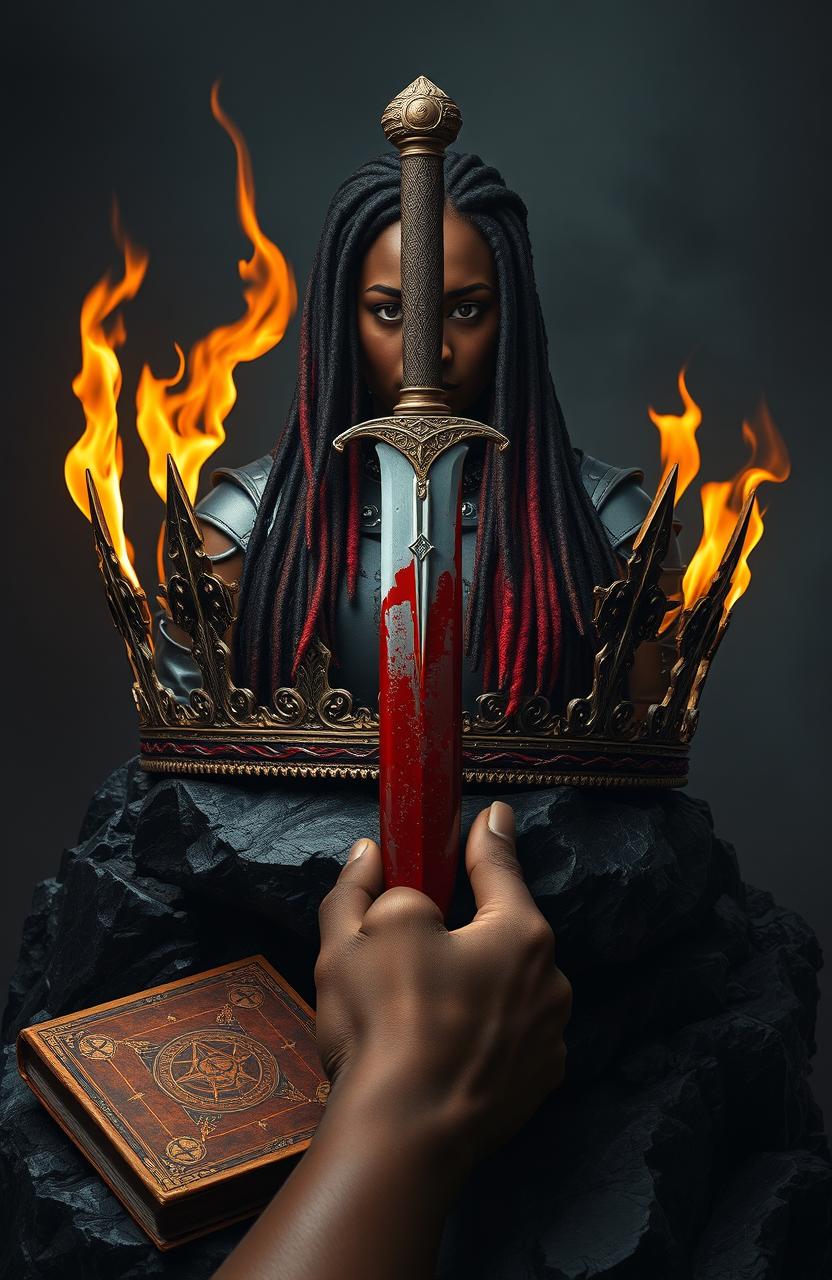 A striking image featuring a badass crown engulfed in flames, positioned atop a jagged black rock