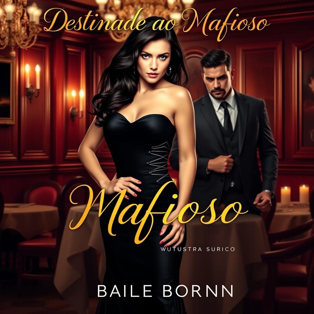 A captivating romance book cover featuring a strong, alluring woman dressed in a stylish black evening gown, standing confidently in a dimly lit upscale Italian restaurant with rich wooden decor