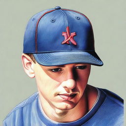 This is a high-quality coloured pencil drawing that depicts a baseball cap