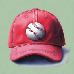 This is a high-quality coloured pencil drawing that depicts a baseball cap