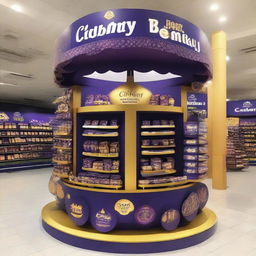 An elegantly adorned Cadbury chocolate stand at a supermarket with Ramadan-inspired motifs. This curvy, Islamic-shaped stand showcases shelves of delectable treats bathed in warm light and adorned with Ramadan lanterns, setting up a festive atmosphere.