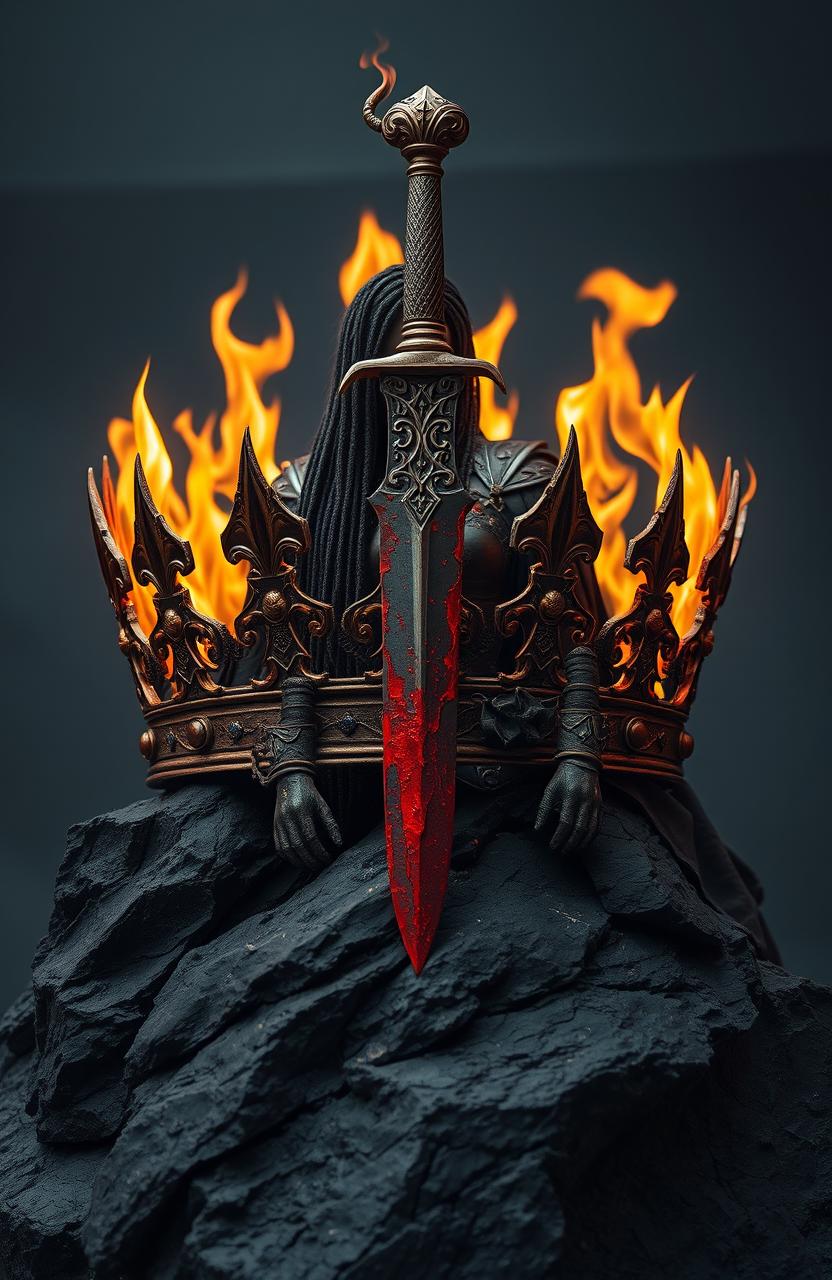 A cool, badass crown engulfed in flames, positioned on a rugged black rock