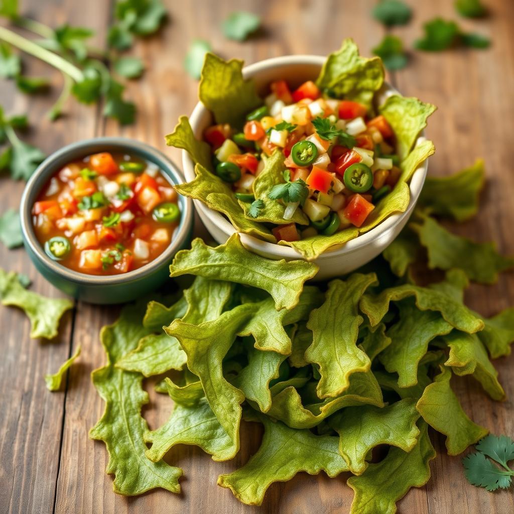 A vibrant and appetizing scene featuring a bowl of crispy kangkong chips elegantly arranged with a small dish of colorful salsa dip beside it