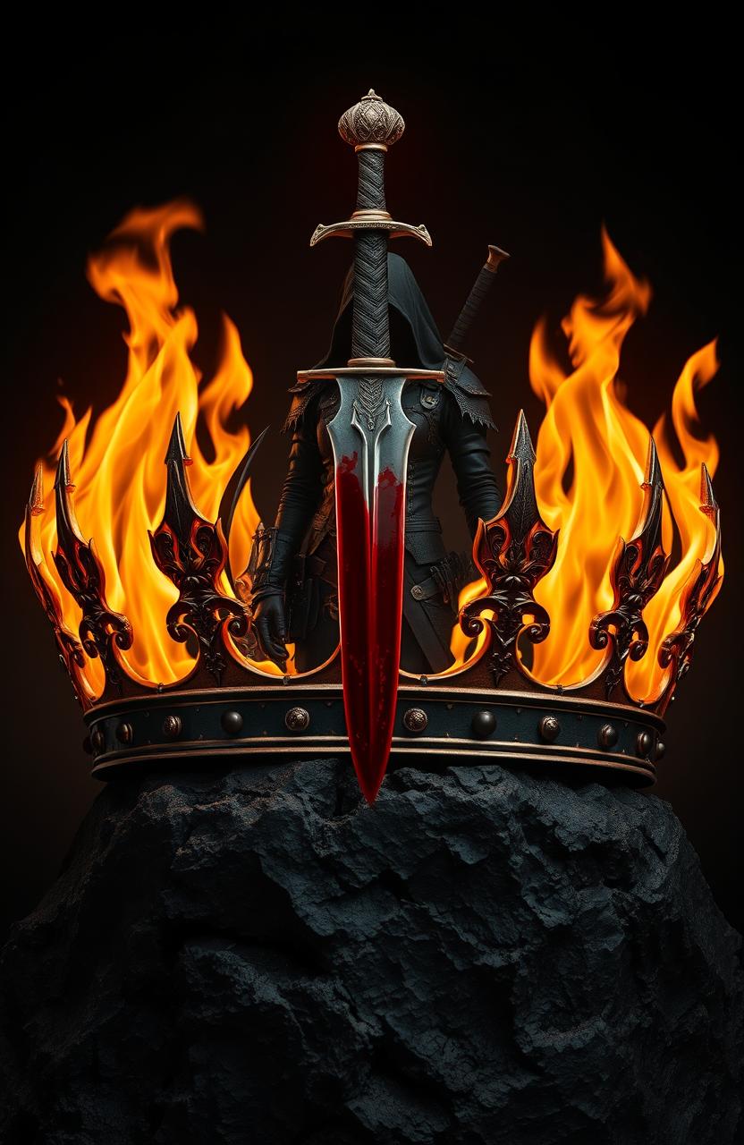 A striking image of a badass crown engulfed in flames, resting on a textured black rock