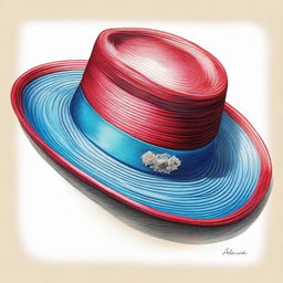 A coloured pencil drawing of a fashionable hat is vividly depicted