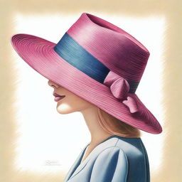 A coloured pencil drawing of a fashionable hat is vividly depicted