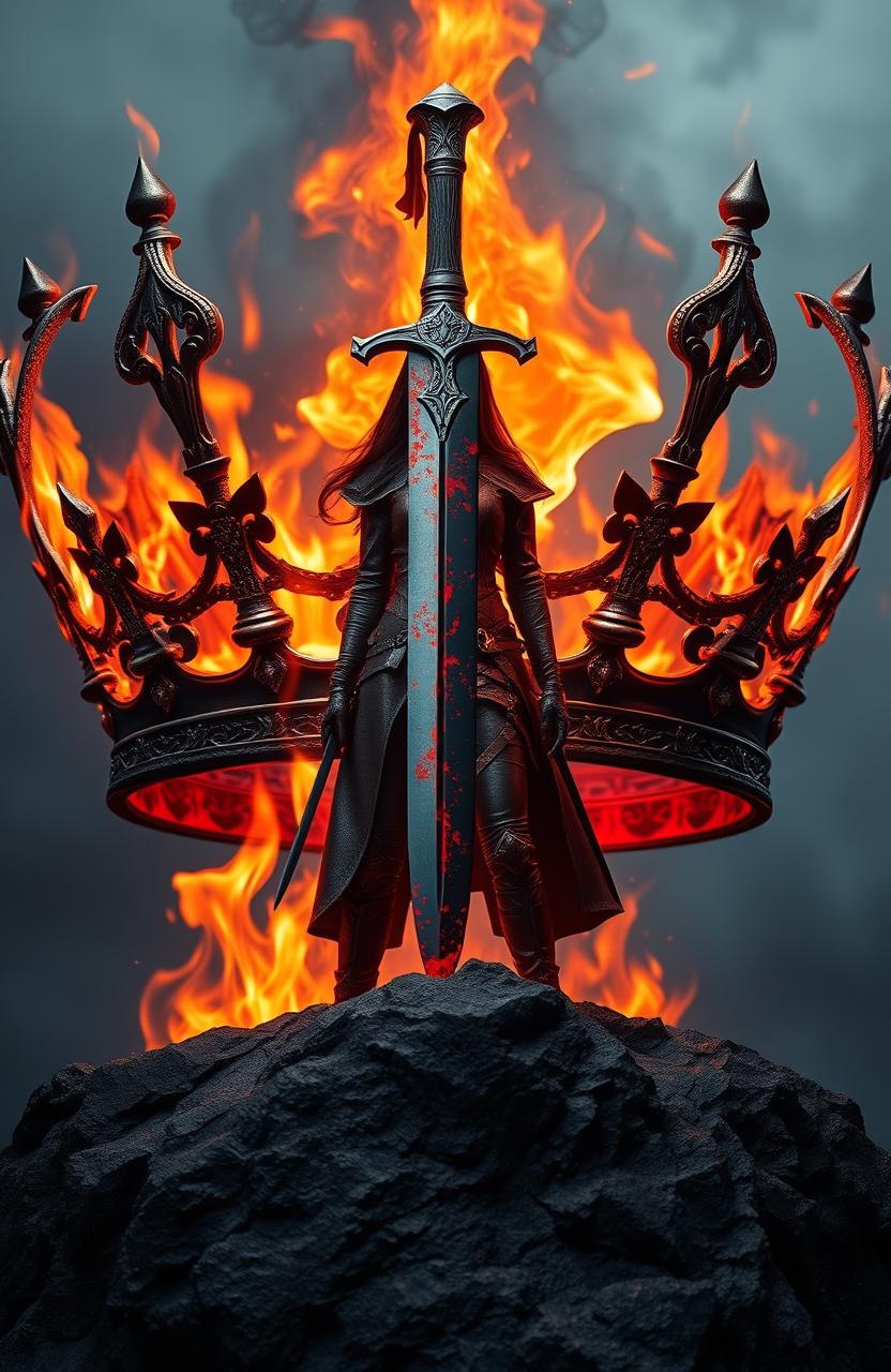 A striking and dramatic scene featuring a cool, badass crown engulfed in flames, prominently set on a rugged black rock