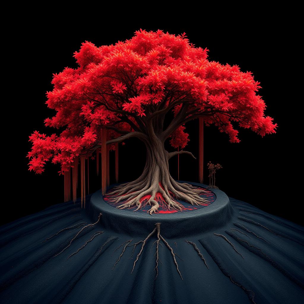 A stunningly vibrant red banyan tree with cascading roots, majestically perched on the rim of an inverted active volcano