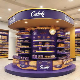 An elegantly adorned Cadbury chocolate stand at a supermarket with Ramadan-inspired motifs. This curvy, Islamic-shaped stand showcases shelves of delectable treats bathed in warm light and adorned with Ramadan lanterns, setting up a festive atmosphere.