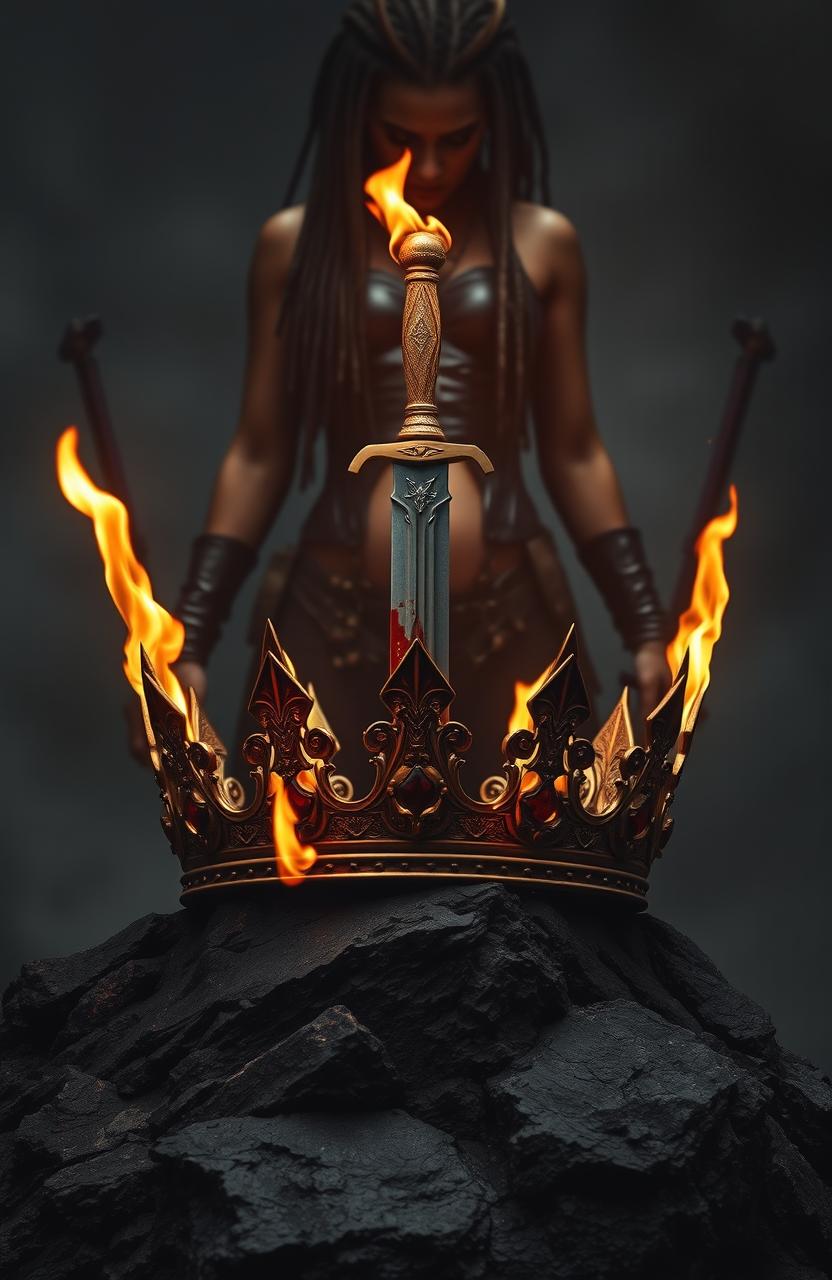 A striking and intense scene featuring a badass crown engulfed in flames, prominently placed on a rugged black rock