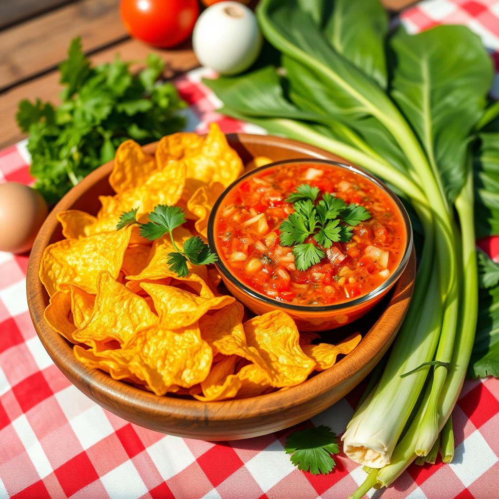 A vibrant and appetizing bowl of crispy kangkong chips served alongside a rich and creamy salsa dip