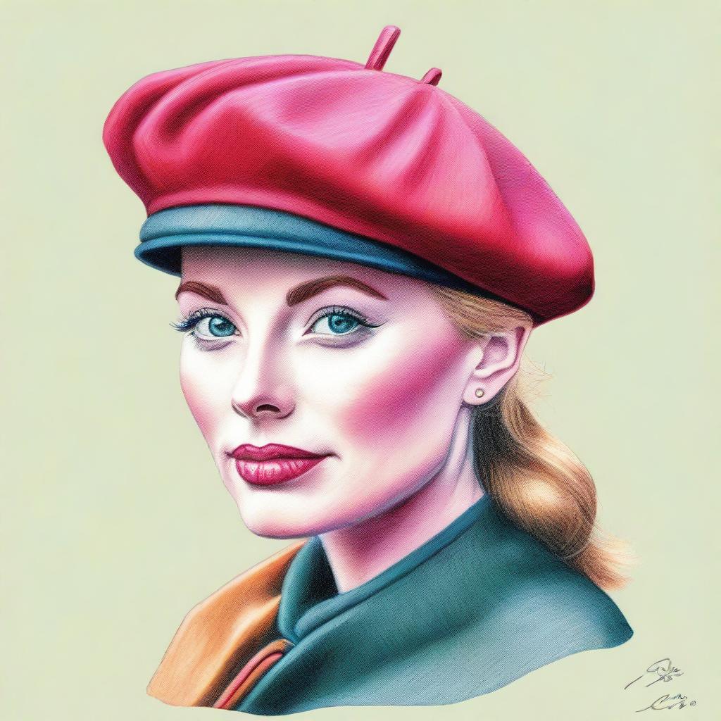 A striking coloured pencil drawing of a beret