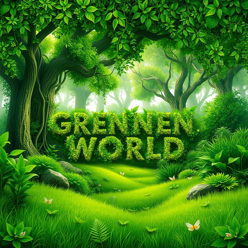 A vibrant and lush world made entirely of green elements, featuring a variety of plants, trees, and natural landscapes