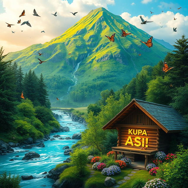 A vibrant green mountain with a flowing river cascading down its slopes