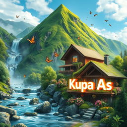 A vibrant green mountain with a flowing river cascading down its slopes