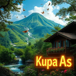 A vibrant green mountain with a flowing river cascading down its slopes