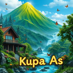 A vibrant green mountain with a flowing river cascading down its slopes