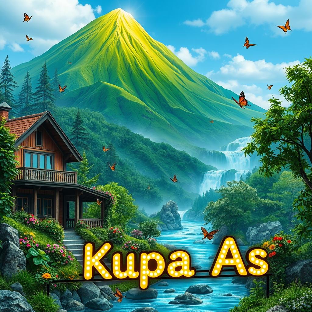 A vibrant green mountain with a flowing river cascading down its slopes