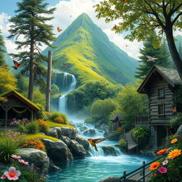 A lush green mountain with a flowing river cascading down its side, next to a wooden house surrounded by a vibrant garden