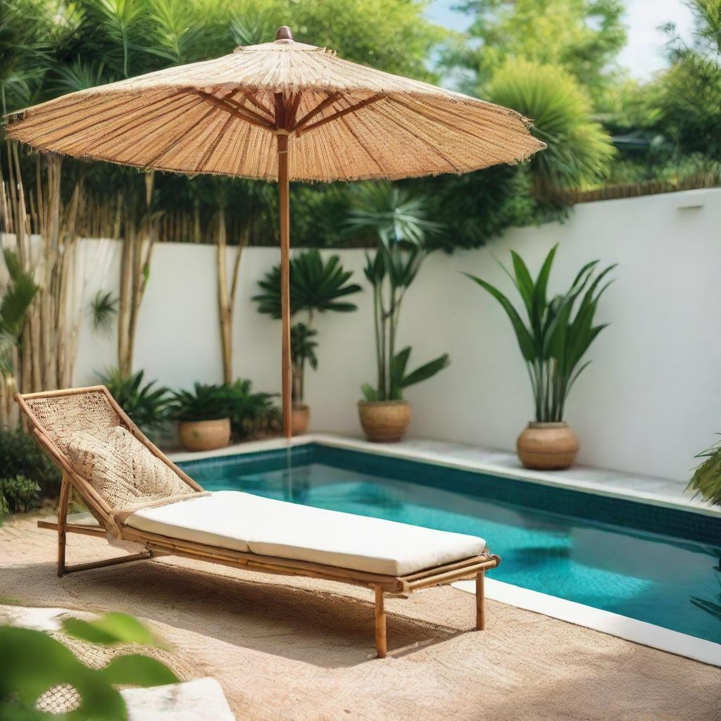 A tropical outdoor setting featuring a swimming pool, macrame umbrella, rattan long chair, and a bamboo fence.