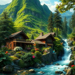 A lush green mountain with a flowing river cascading down its side, next to a wooden house surrounded by a vibrant garden