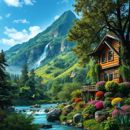 A lush green mountain with a flowing river cascading down its side, next to a wooden house surrounded by a vibrant garden