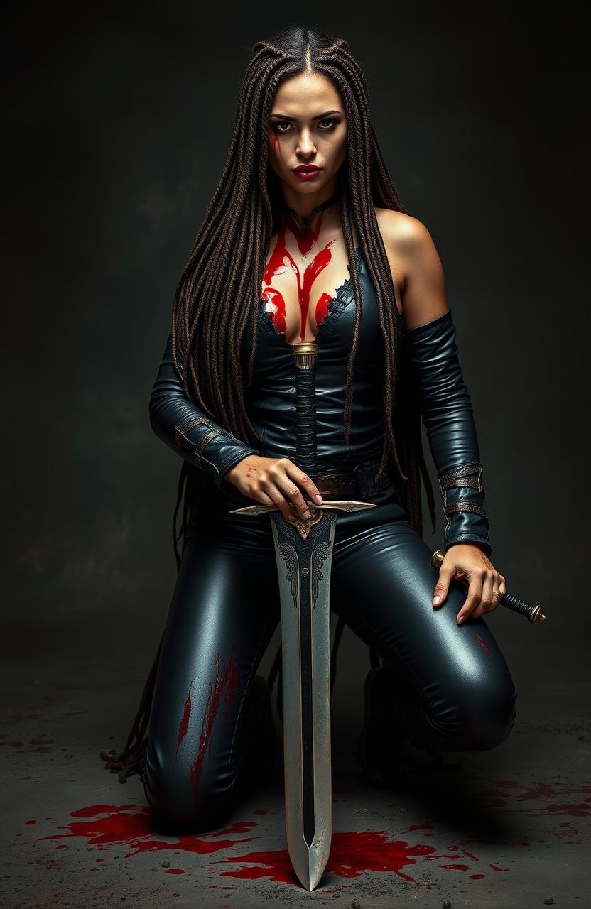 A fierce and badass woman in smooth, black leather attire, stabbed in the heart, with blood oozing from her mouth