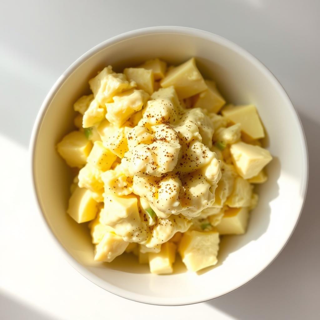 A creamy egg salad made with hard-boiled eggs mixed with mayonnaise, seasoned with salt and pepper
