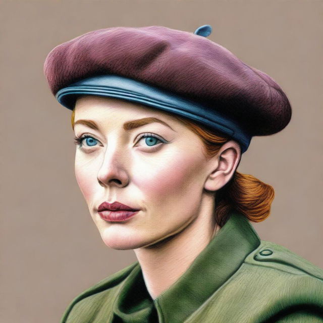 An exquisite coloured pencil drawing featuring a beret without any person