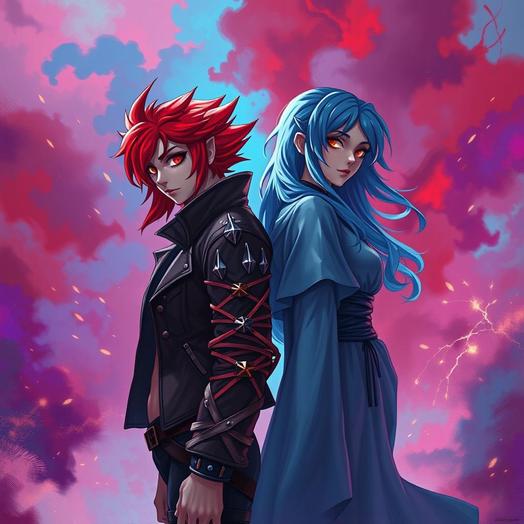 A dynamic scene depicting a 'match made in chaos' featuring two characters, a fierce-looking fiery redhead and a calm blue-haired individual, standing back to back amid swirling colorful smoke and sparks
