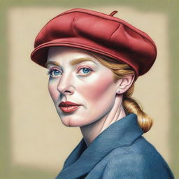 An exquisite coloured pencil drawing featuring a beret without any person