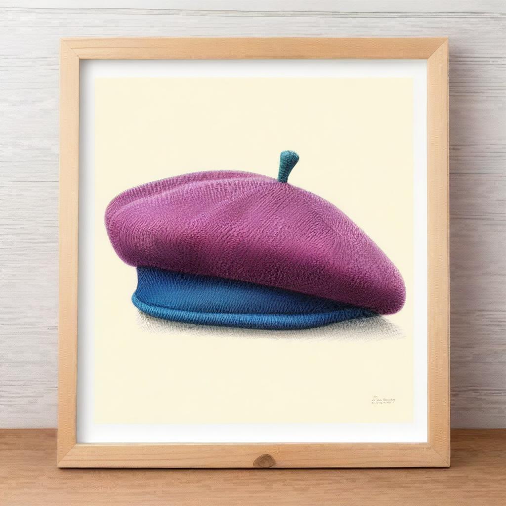 A high-quality coloured pencil drawing showcasing a beret neatly placed on a stand