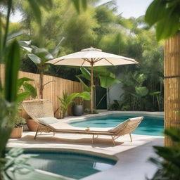 A tropical outdoor setting featuring a swimming pool, macrame umbrella, rattan long chair, and a bamboo fence.