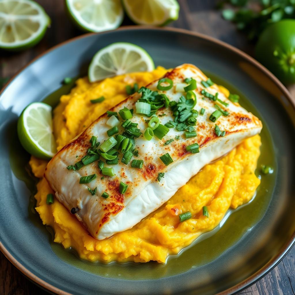 A beautifully presented cilantro lime fillet served atop a bed of creamy mashed butternut squash