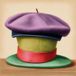 A high-quality coloured pencil drawing showcasing a beret neatly placed on a stand